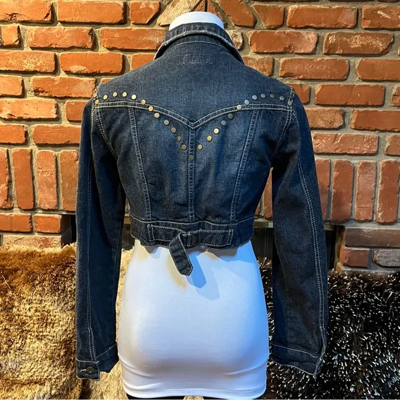 Dark Wash Blue Denim Cropped STUDDED Jean Jacket