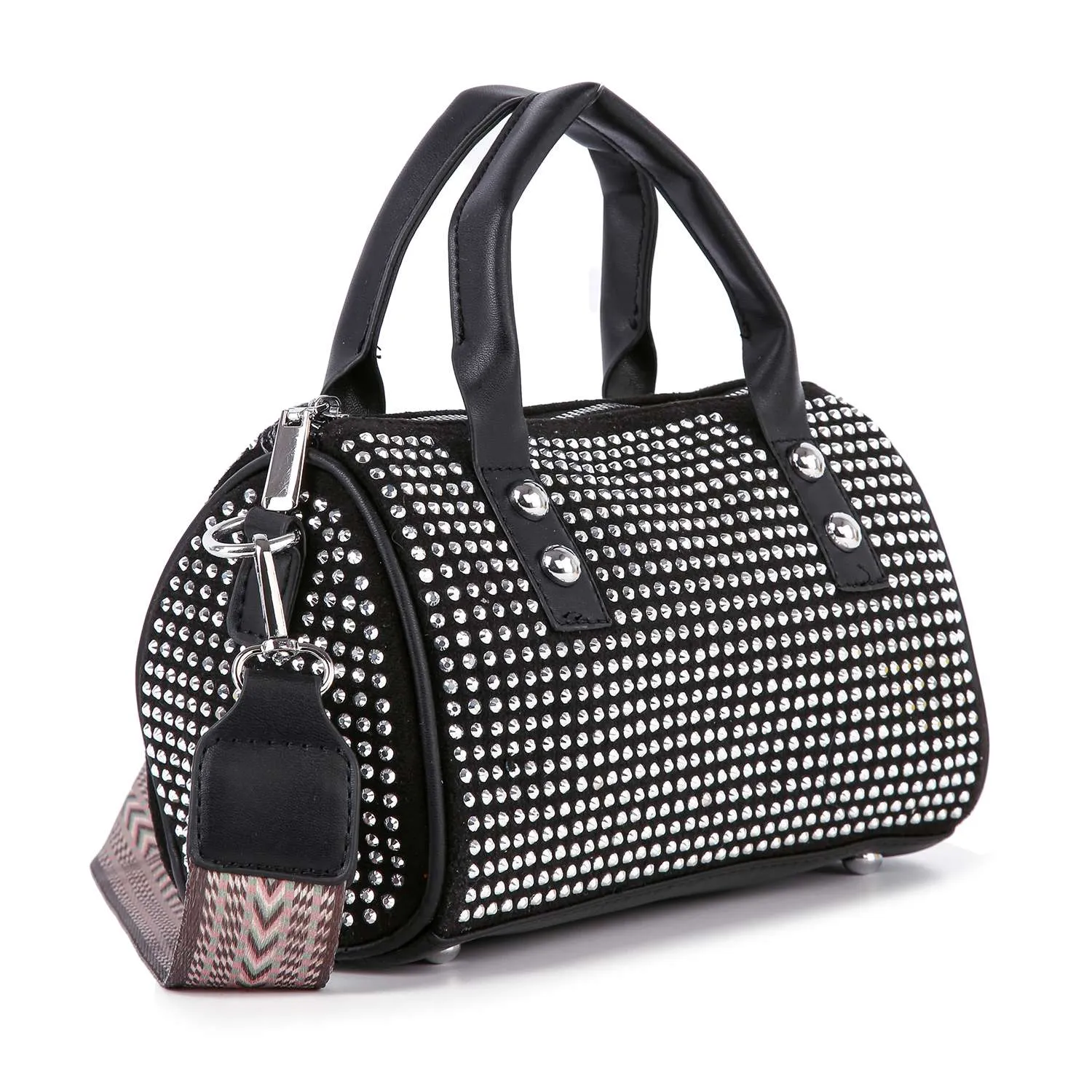 Dazzling Rhinestone Petite Satchel Handbag: Black