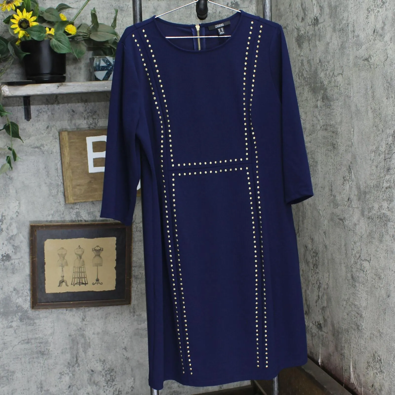Dennis by Dennis Basso Womens Studded Knit Long Sleeve Midi Dress Navy Blue 16