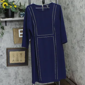 Dennis by Dennis Basso Womens Studded Knit Long Sleeve Midi Dress Navy Blue 16