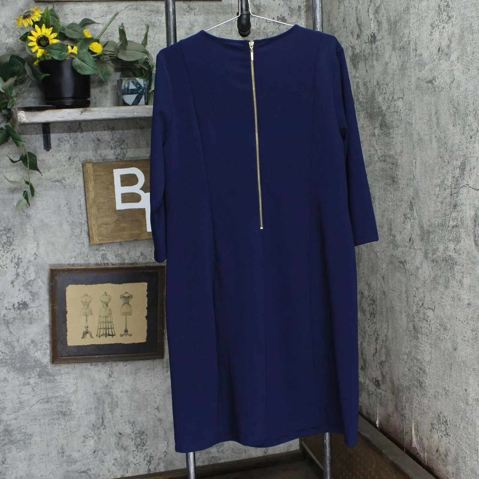 Dennis by Dennis Basso Womens Studded Knit Long Sleeve Midi Dress Navy Blue 16