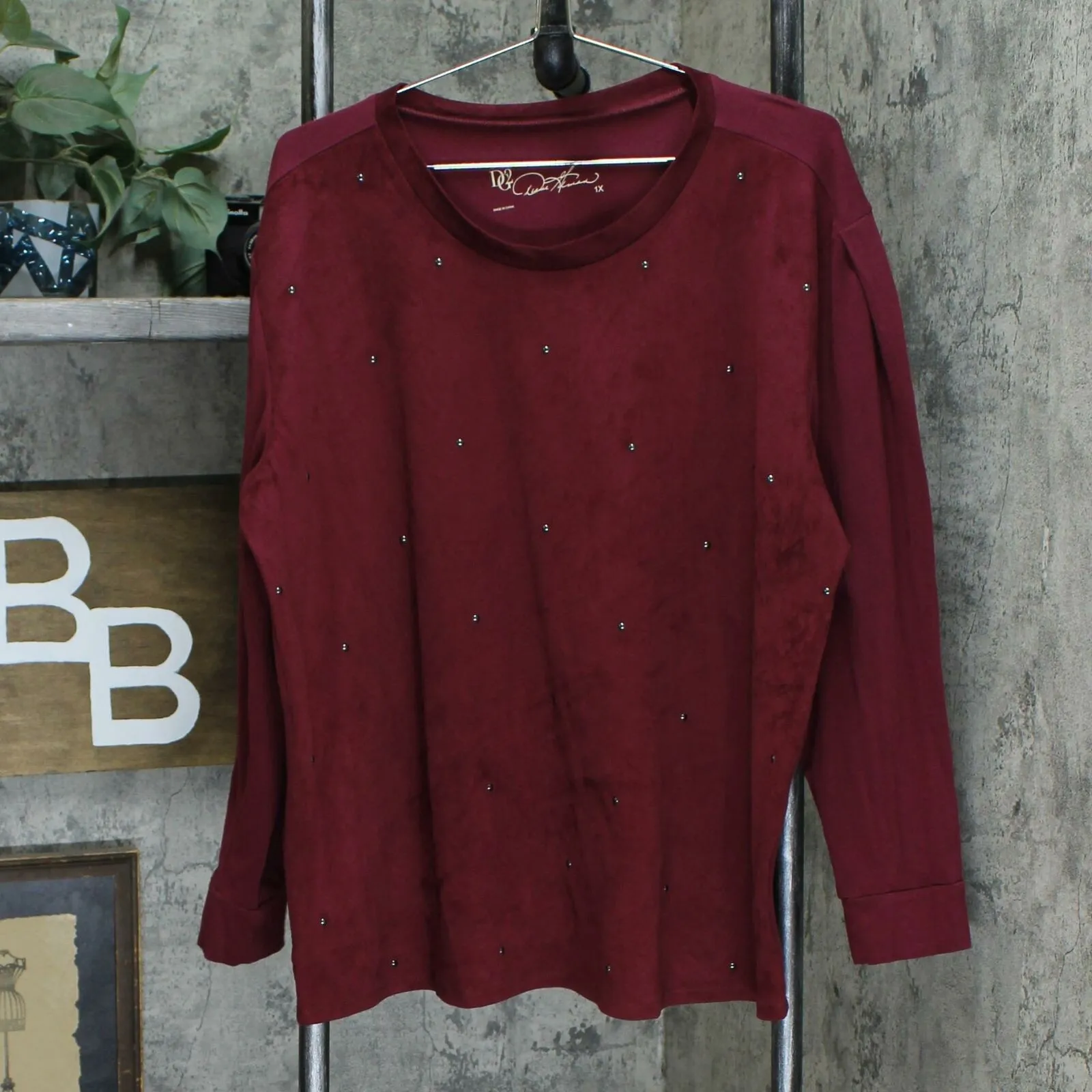 DG2 by Diane Gilman Plus Studded Faux Suede Mixed Media Top Raisin 1X