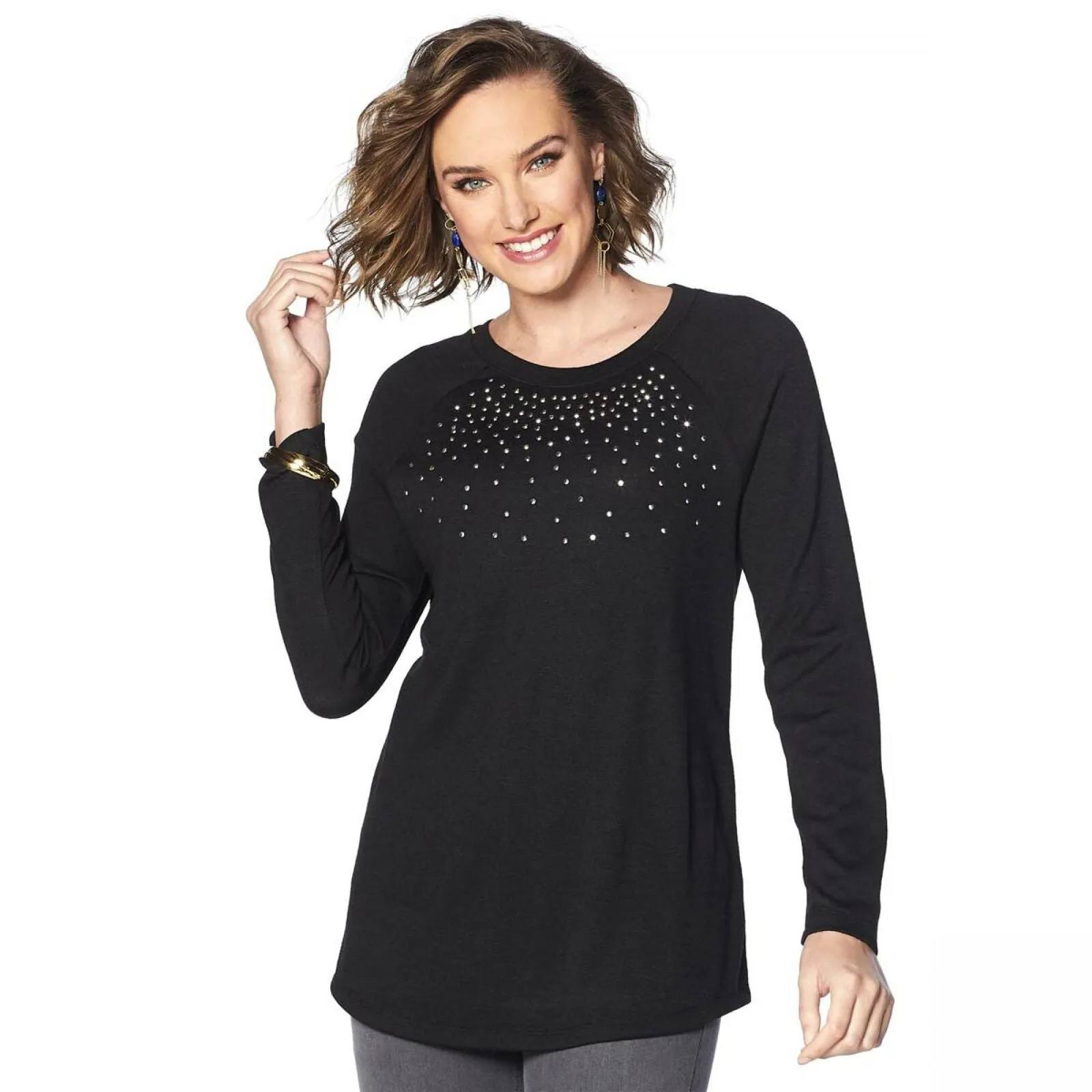 DG2 by Diane Gilman Women's Jeweled Raglan Sweater Black Large
