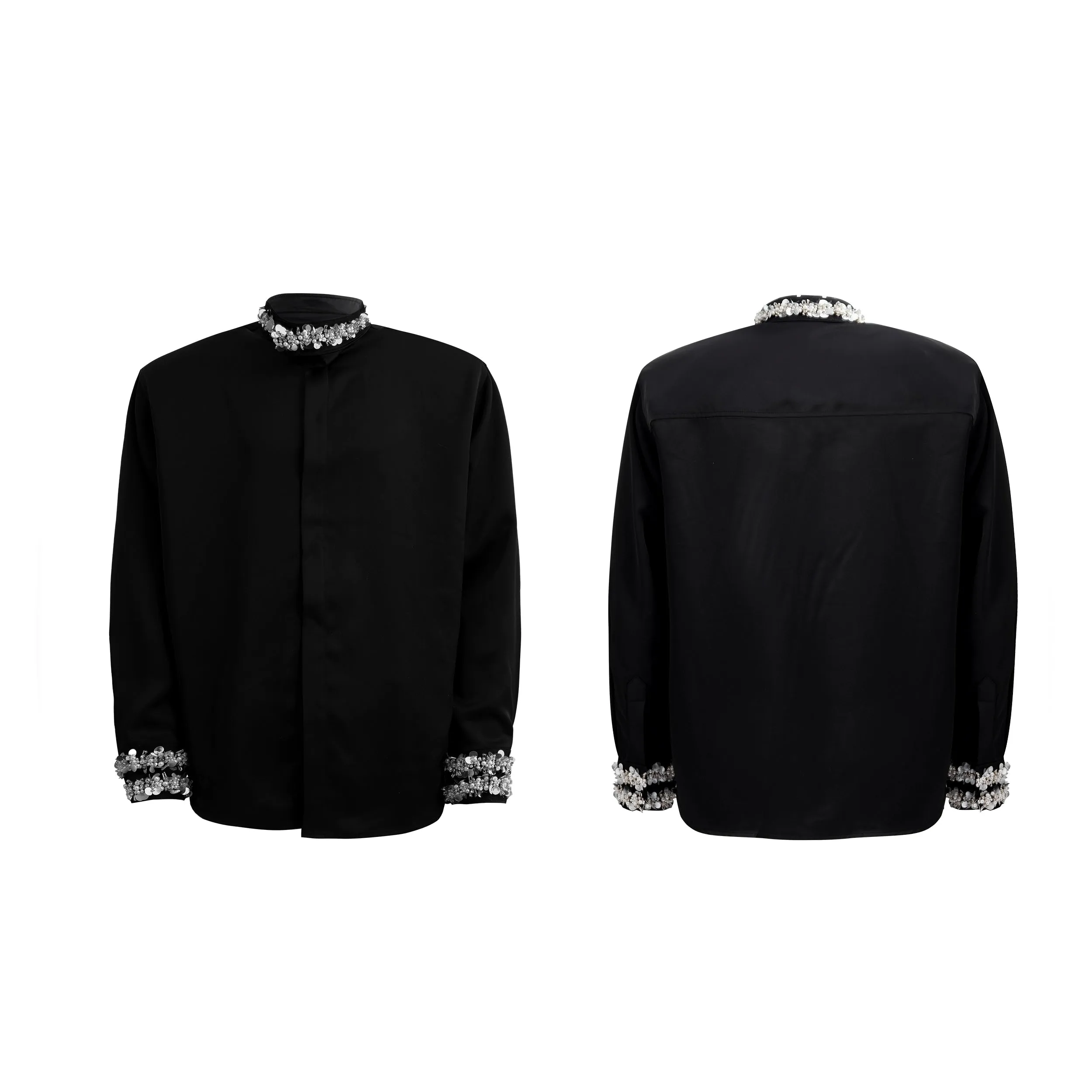 Diamond-Studded Satin Long-Sleeve Shirt