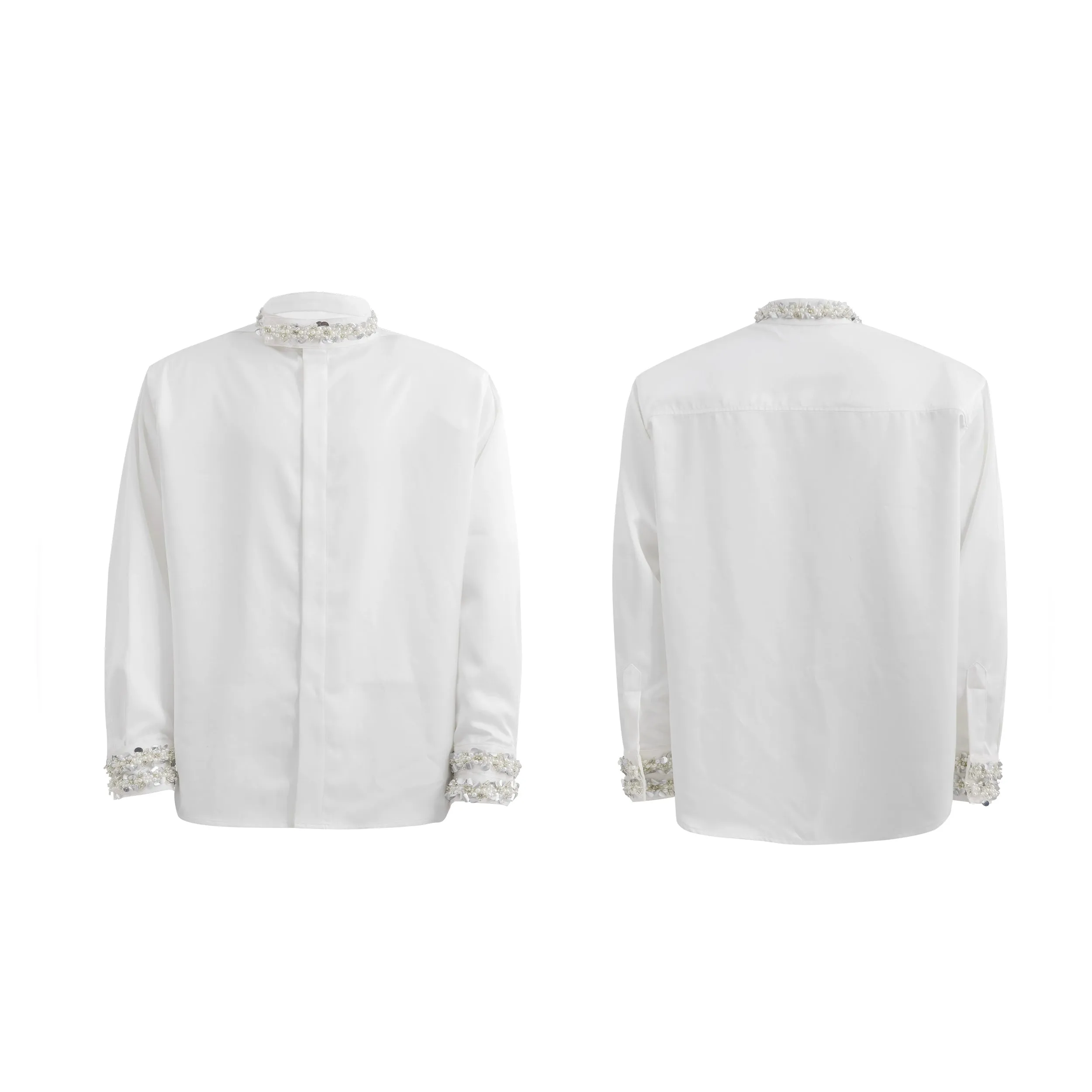 Diamond-Studded Satin Long-Sleeve Shirt