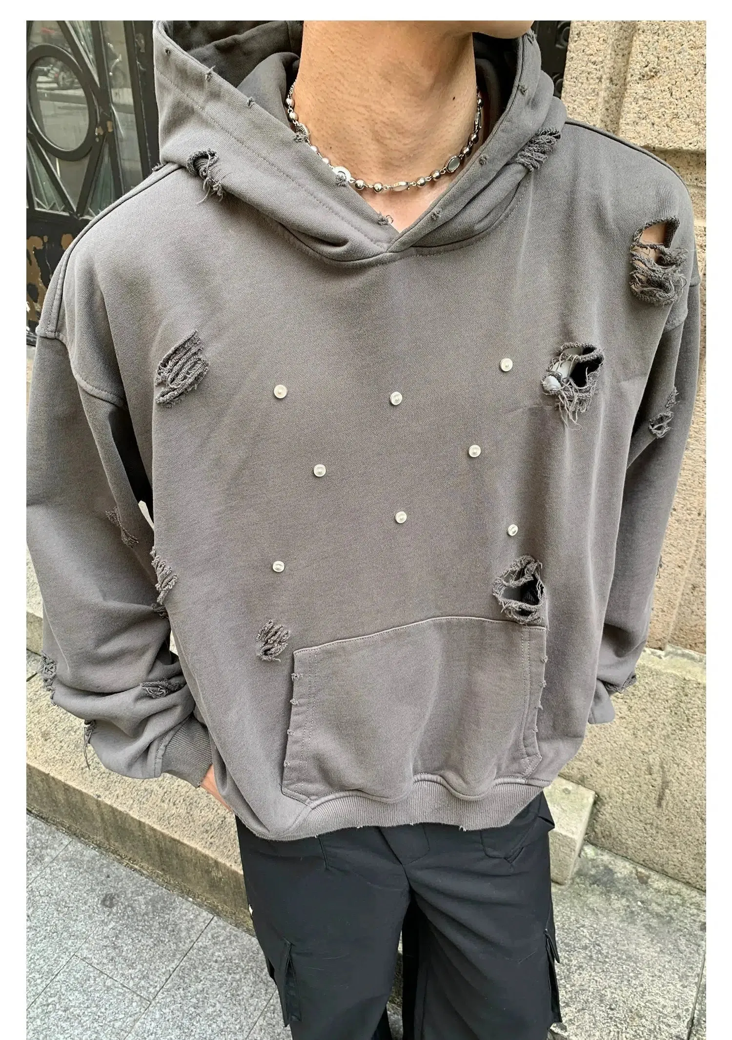 Distressed Hoodie with Studded Details