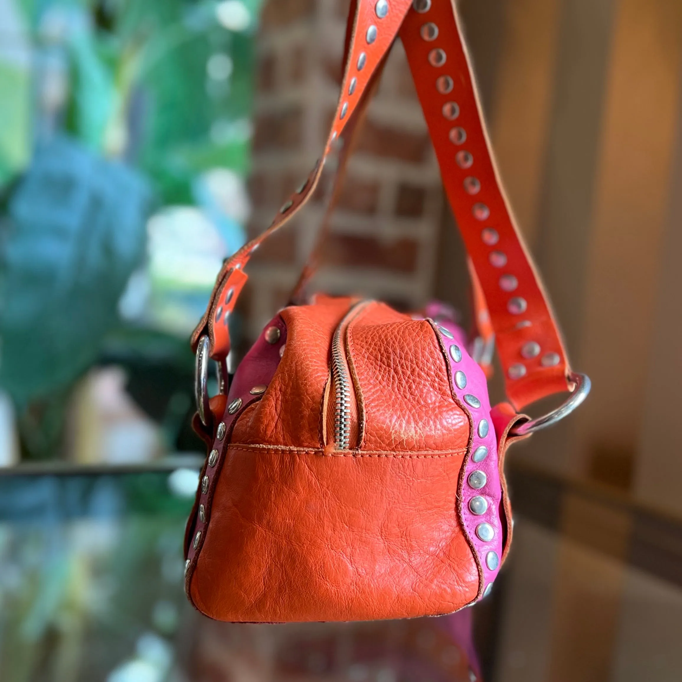 DOLCE&GABBANA Pink Orange Leather Perforated DG Logo Studded Vintage Satchel Bag