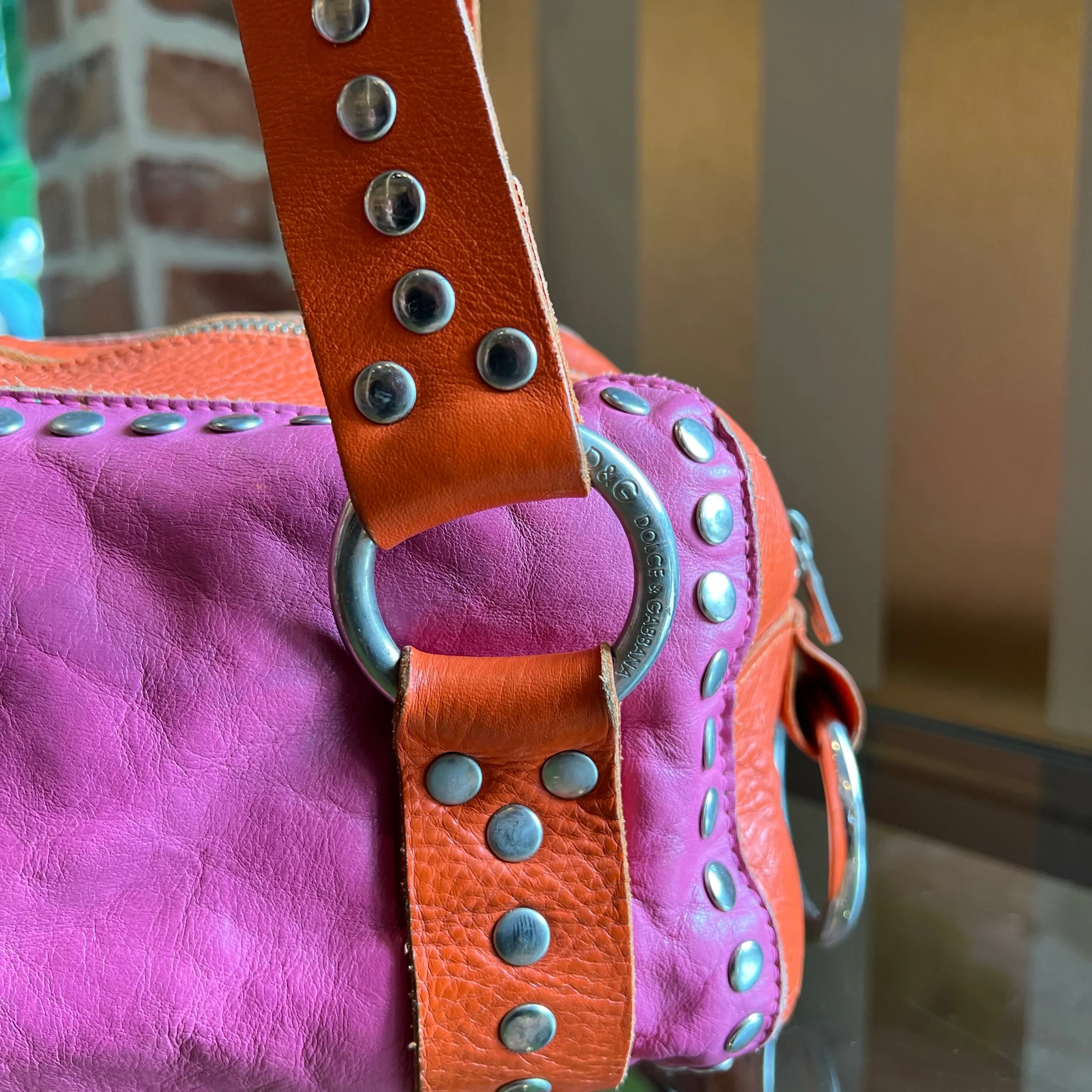 DOLCE&GABBANA Pink Orange Leather Perforated DG Logo Studded Vintage Satchel Bag