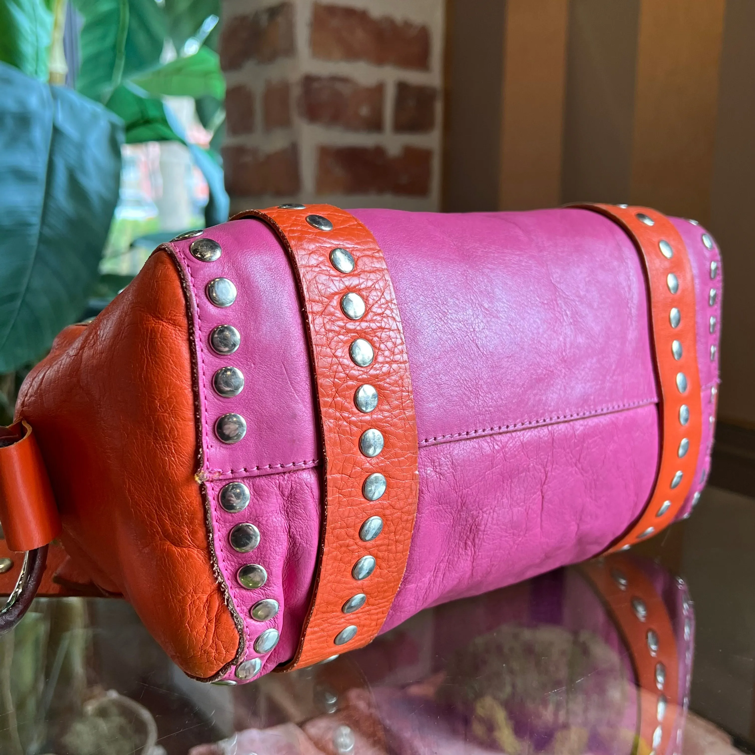 DOLCE&GABBANA Pink Orange Leather Perforated DG Logo Studded Vintage Satchel Bag