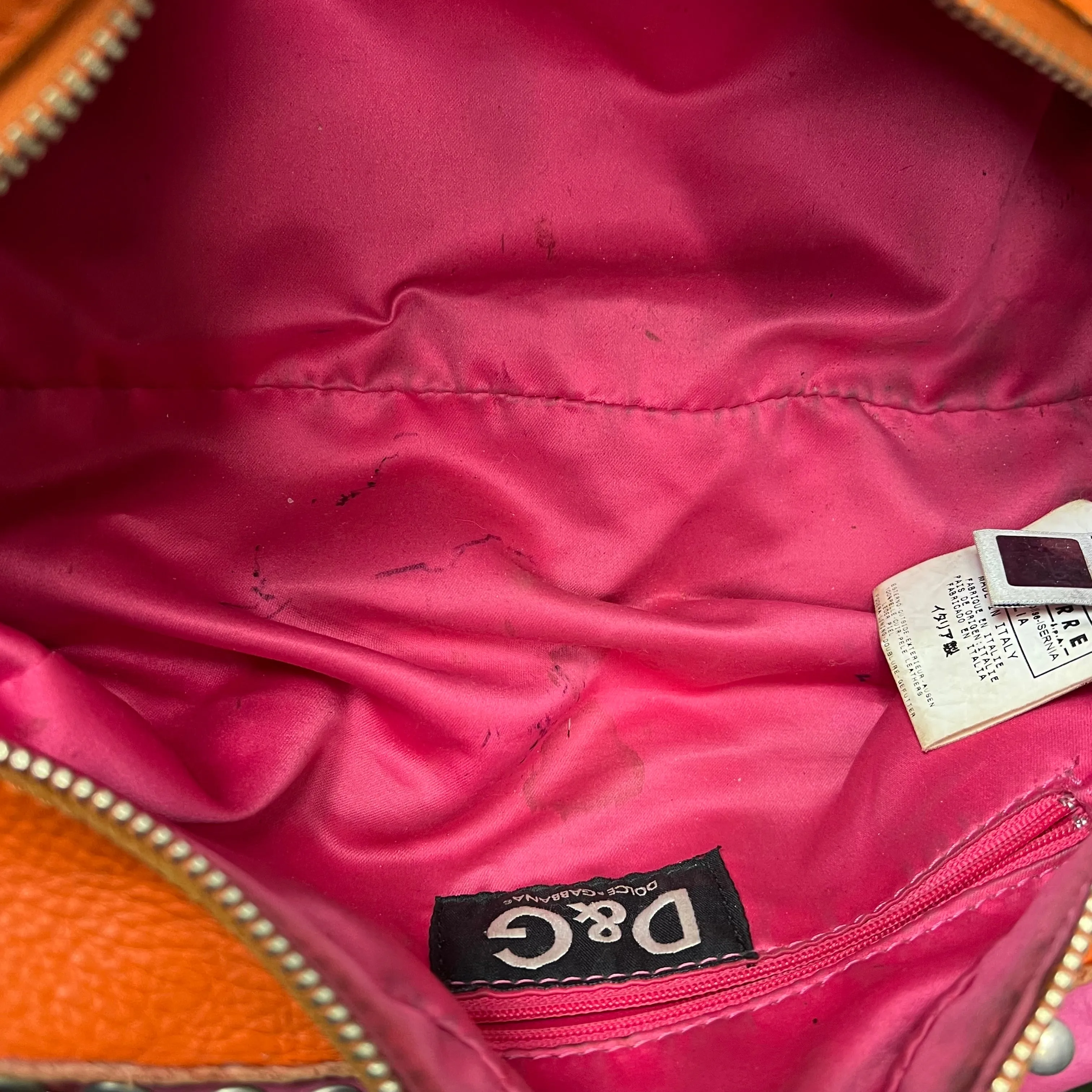 DOLCE&GABBANA Pink Orange Leather Perforated DG Logo Studded Vintage Satchel Bag
