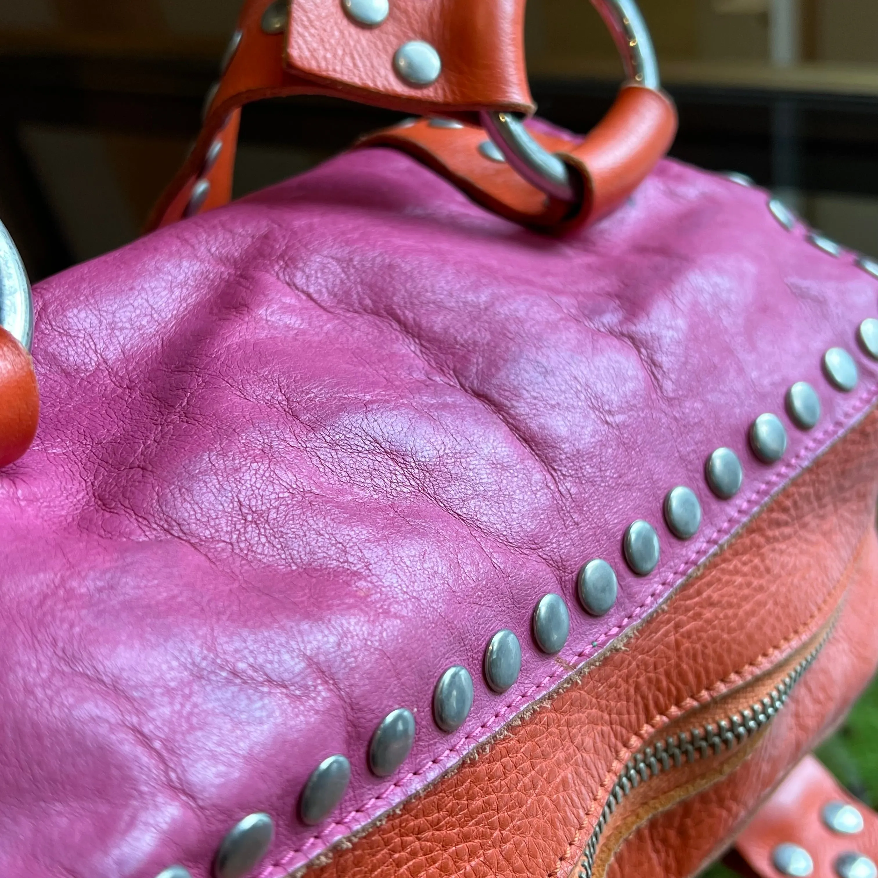 DOLCE&GABBANA Pink Orange Leather Perforated DG Logo Studded Vintage Satchel Bag