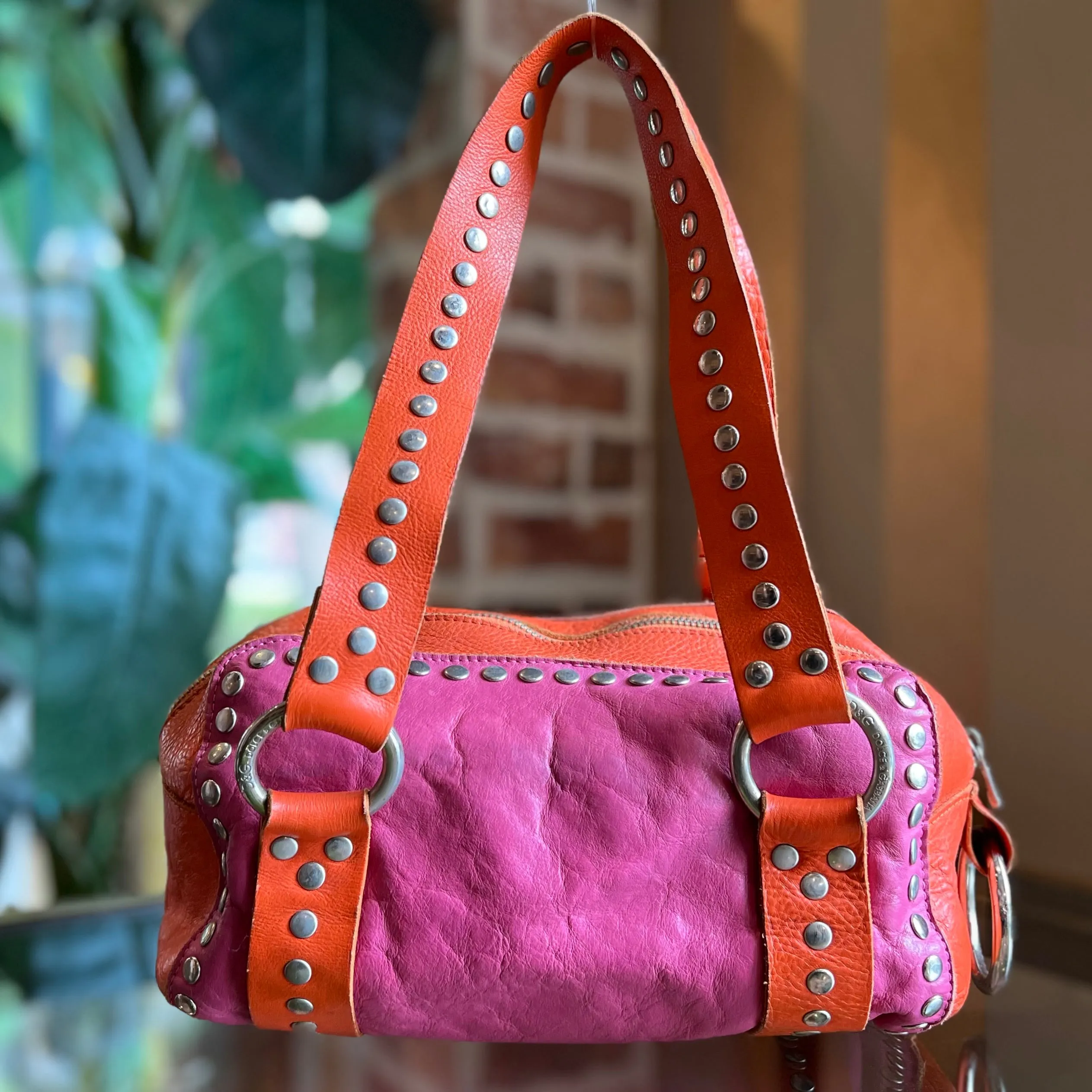 DOLCE&GABBANA Pink Orange Leather Perforated DG Logo Studded Vintage Satchel Bag
