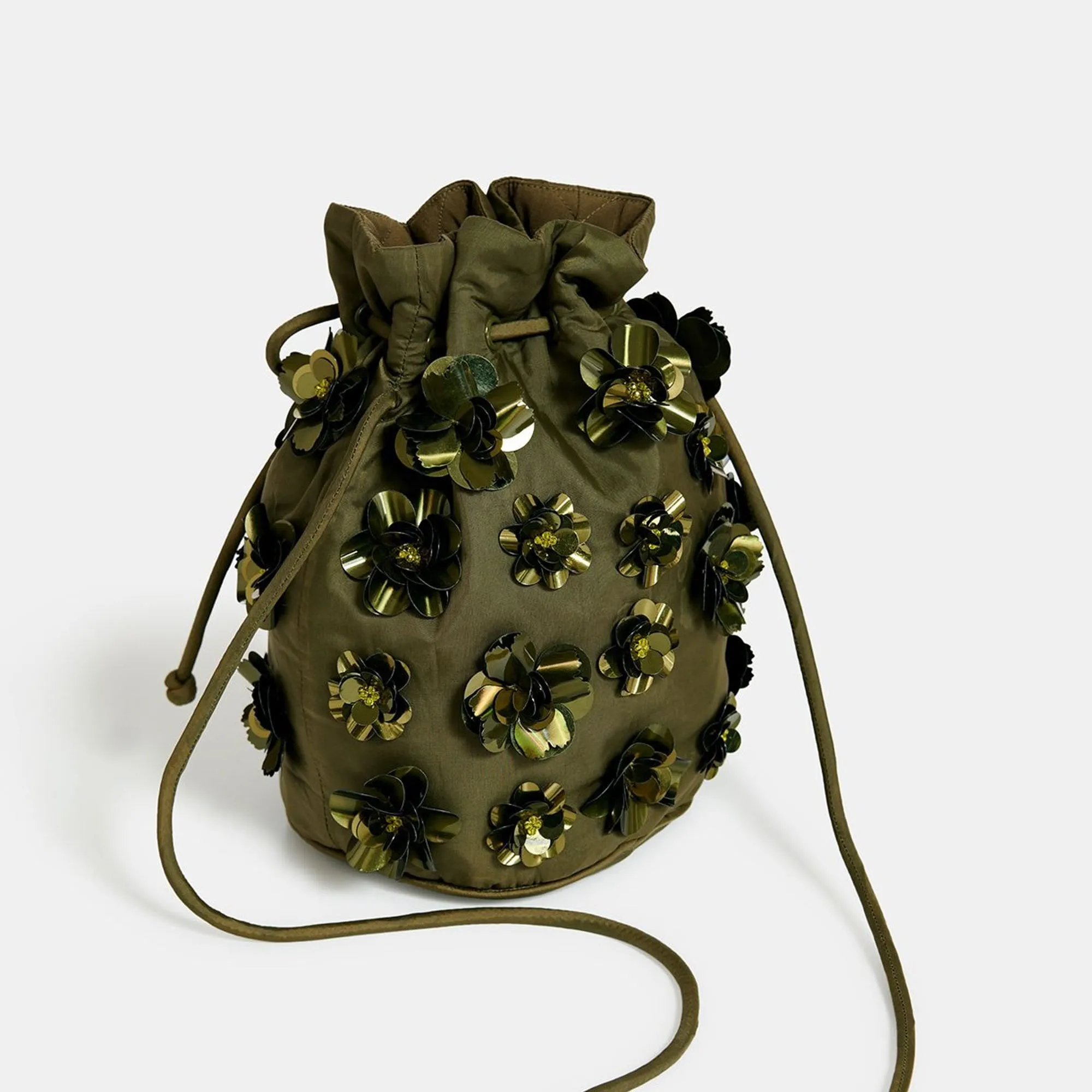 ESSENTIEL ANTWERP Encoded Embroidered Bucket Bag in Khaki