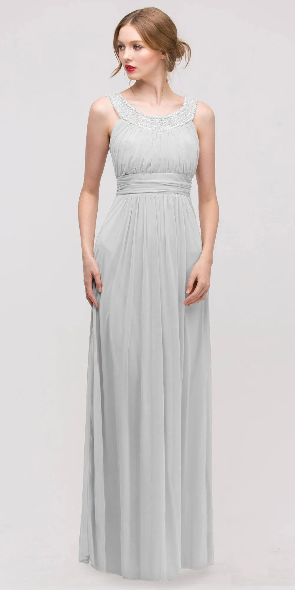 Eureka 2027 Studded Bateau Neckline Ruched Bodice Evening Dress