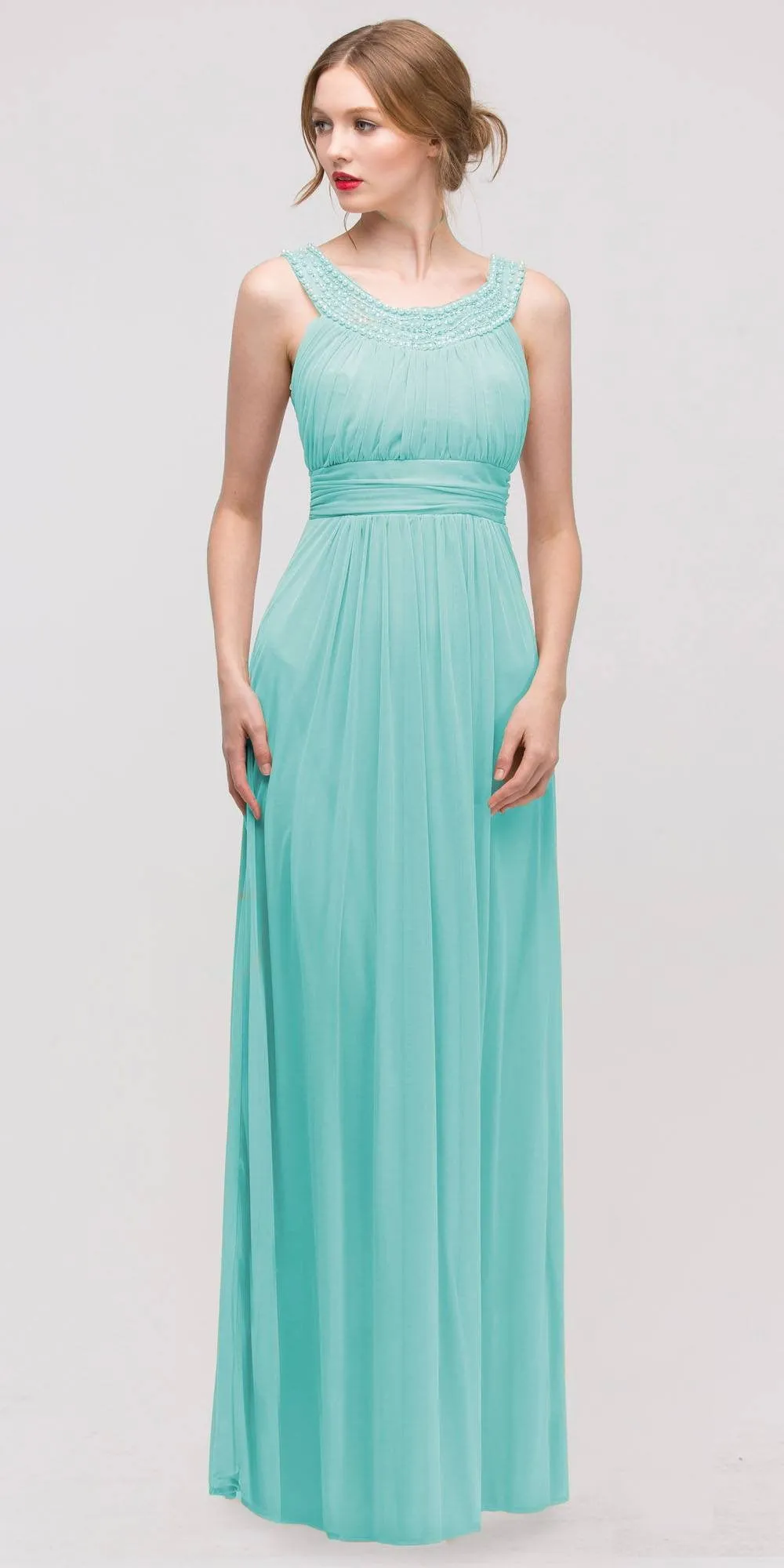 Eureka 2027 Studded Bateau Neckline Ruched Bodice Evening Dress