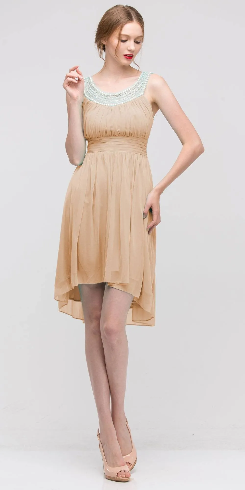 Eureka 2037 Knee Length Studded Neck Short Dinner Party Dress