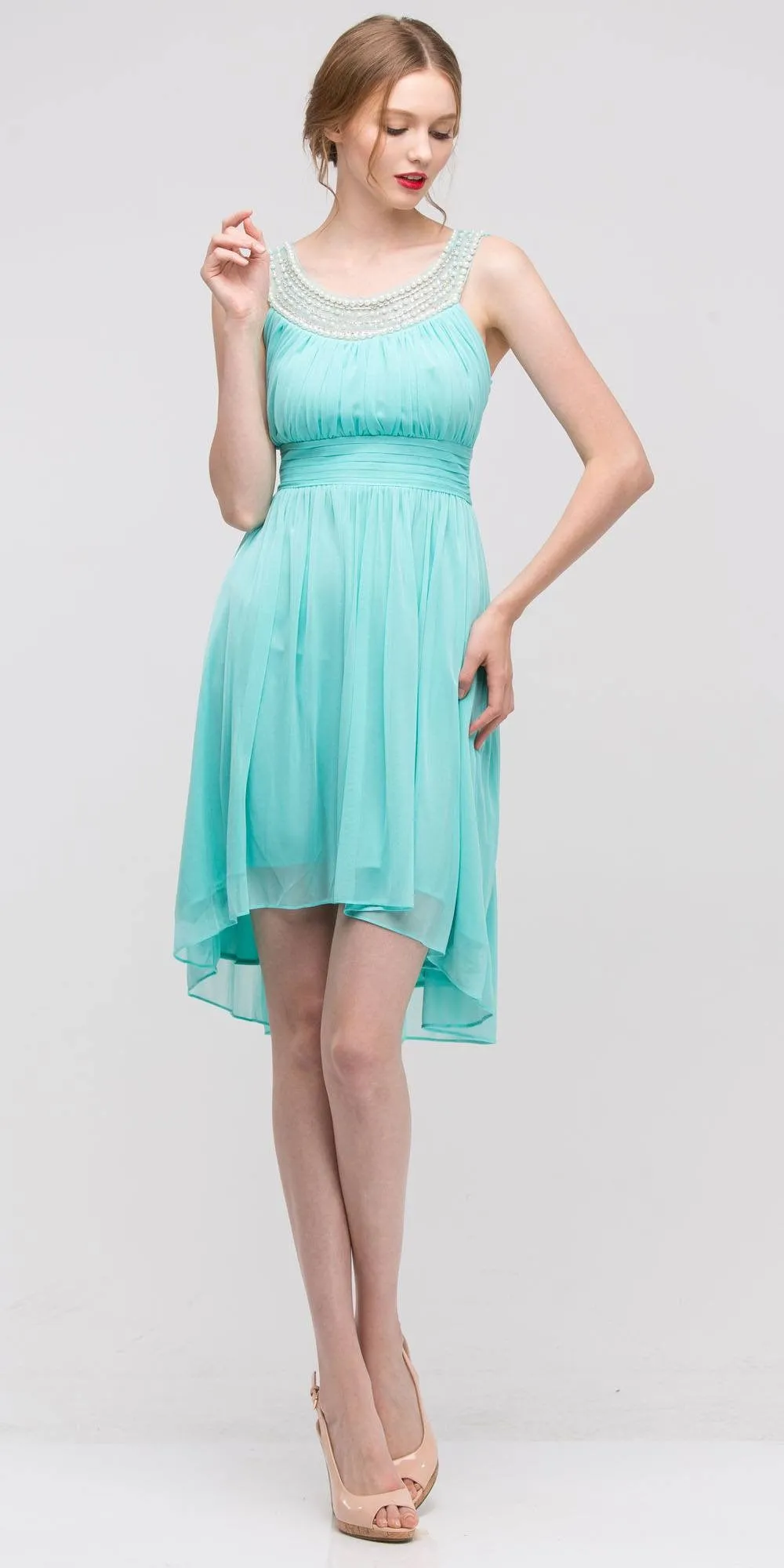 Eureka 2037 Knee Length Studded Neck Short Dinner Party Dress