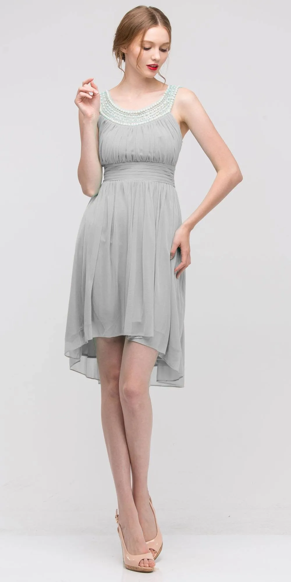 Eureka 2037 Knee Length Studded Neck Short Dinner Party Dress