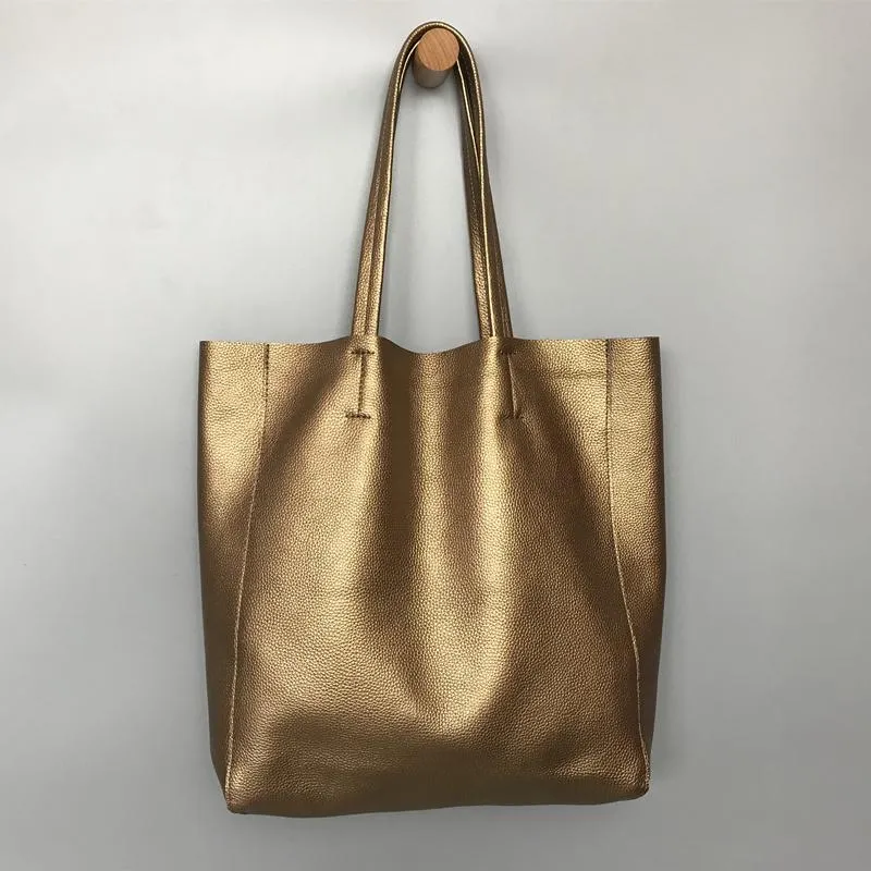 Fashion Womens Gold Leather Oversize Tote Bags Bronze Shoulder Tote Bag Handbag Tote For Women