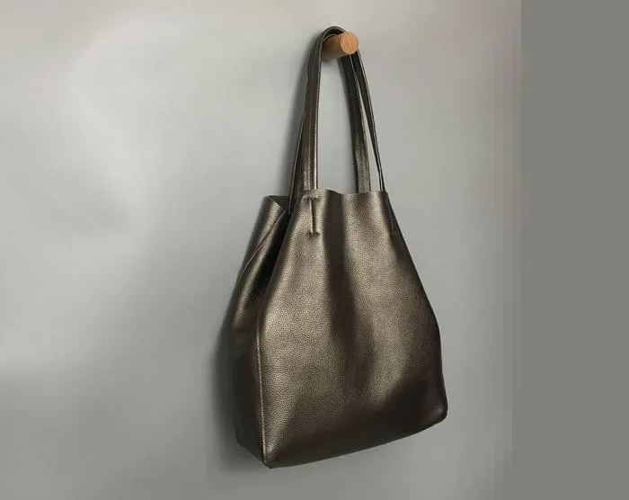 Fashion Womens Gold Leather Oversize Tote Bags Bronze Shoulder Tote Bag Handbag Tote For Women