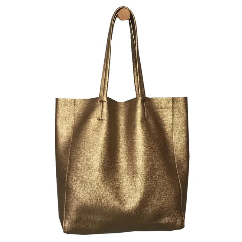 Fashion Womens Gold Leather Oversize Tote Bags Bronze Shoulder Tote Bag Handbag Tote For Women