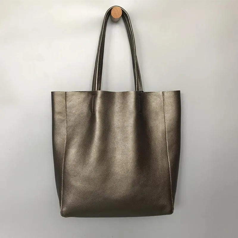 Fashion Womens Gold Leather Oversize Tote Bags Bronze Shoulder Tote Bag Handbag Tote For Women