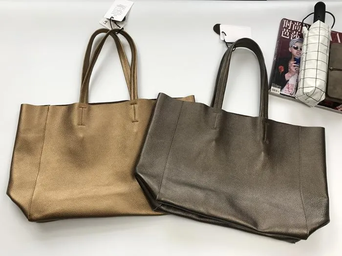 Fashion Womens Gold Leather Oversize Tote Bags Bronze Shoulder Tote Bag Handbag Tote For Women