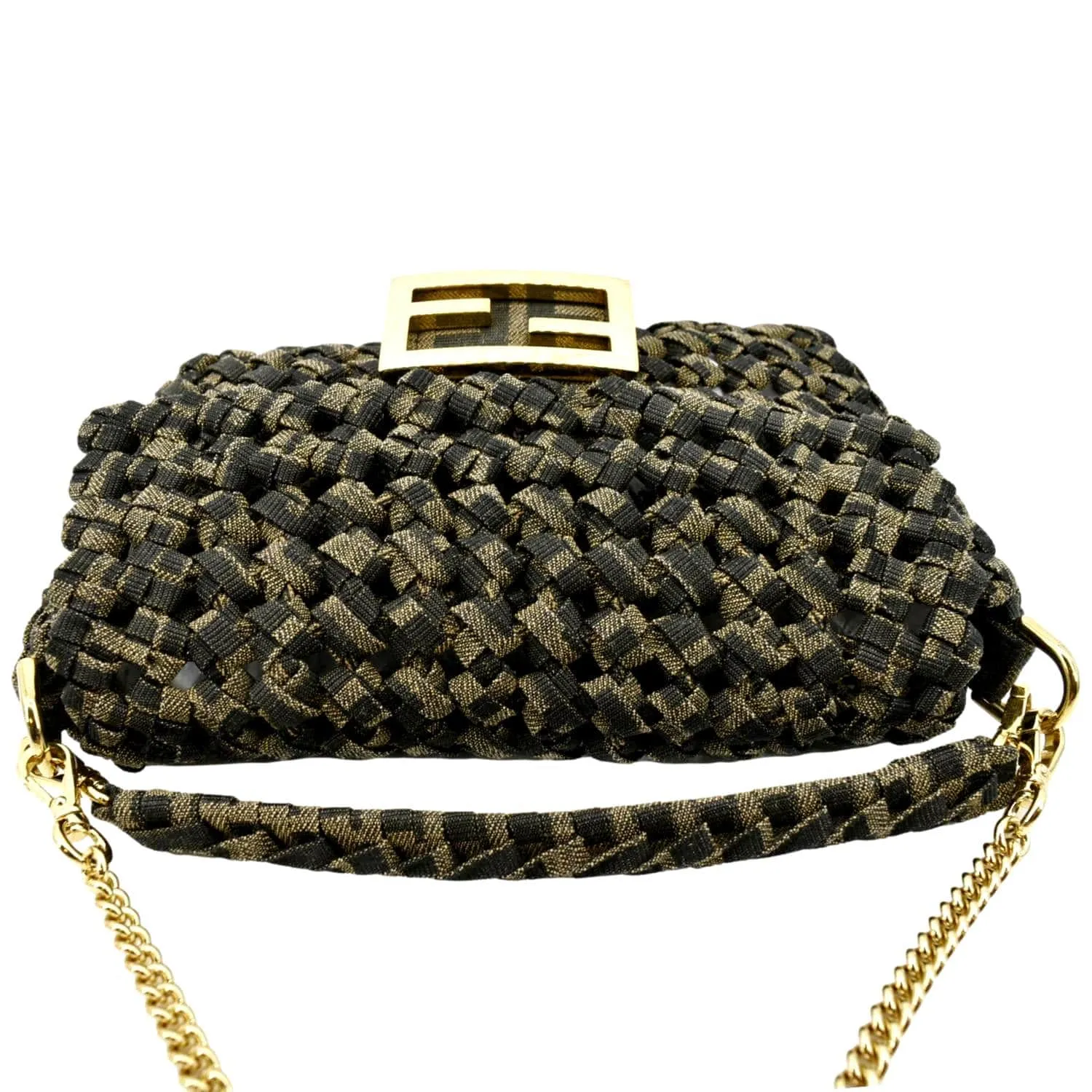 FENDI Mini Baguette Woven Jacquard Fabric Shoulder Bag Brown