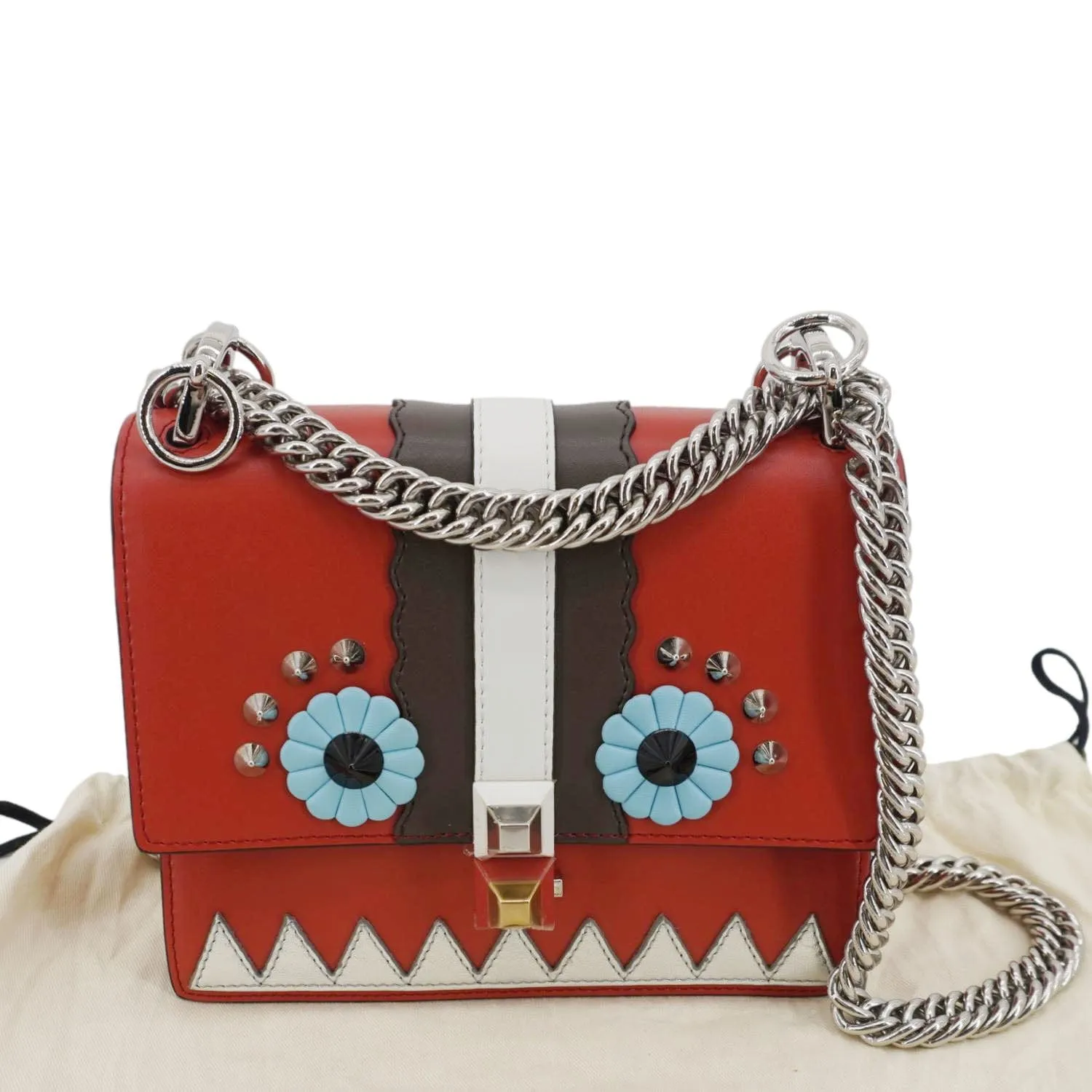 FENDI Studded Kan I Vitello Liberty Lucido Catalan Leather Shoulder Bag Multicolor