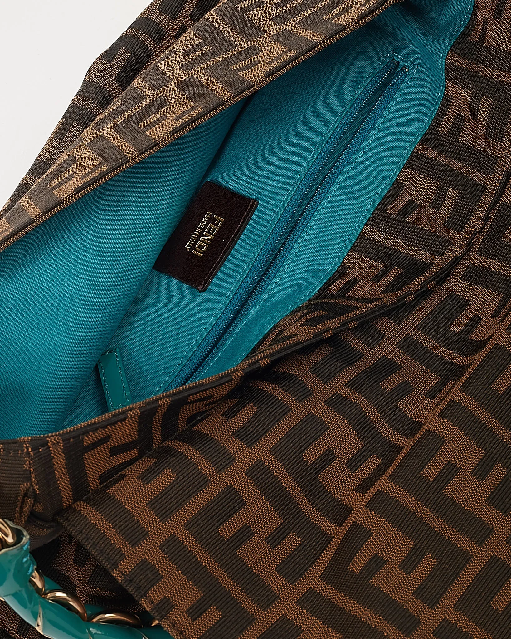 Fendi Zucca Canvas Turquoise Patent Leather Braided Mia Shoulder Bag