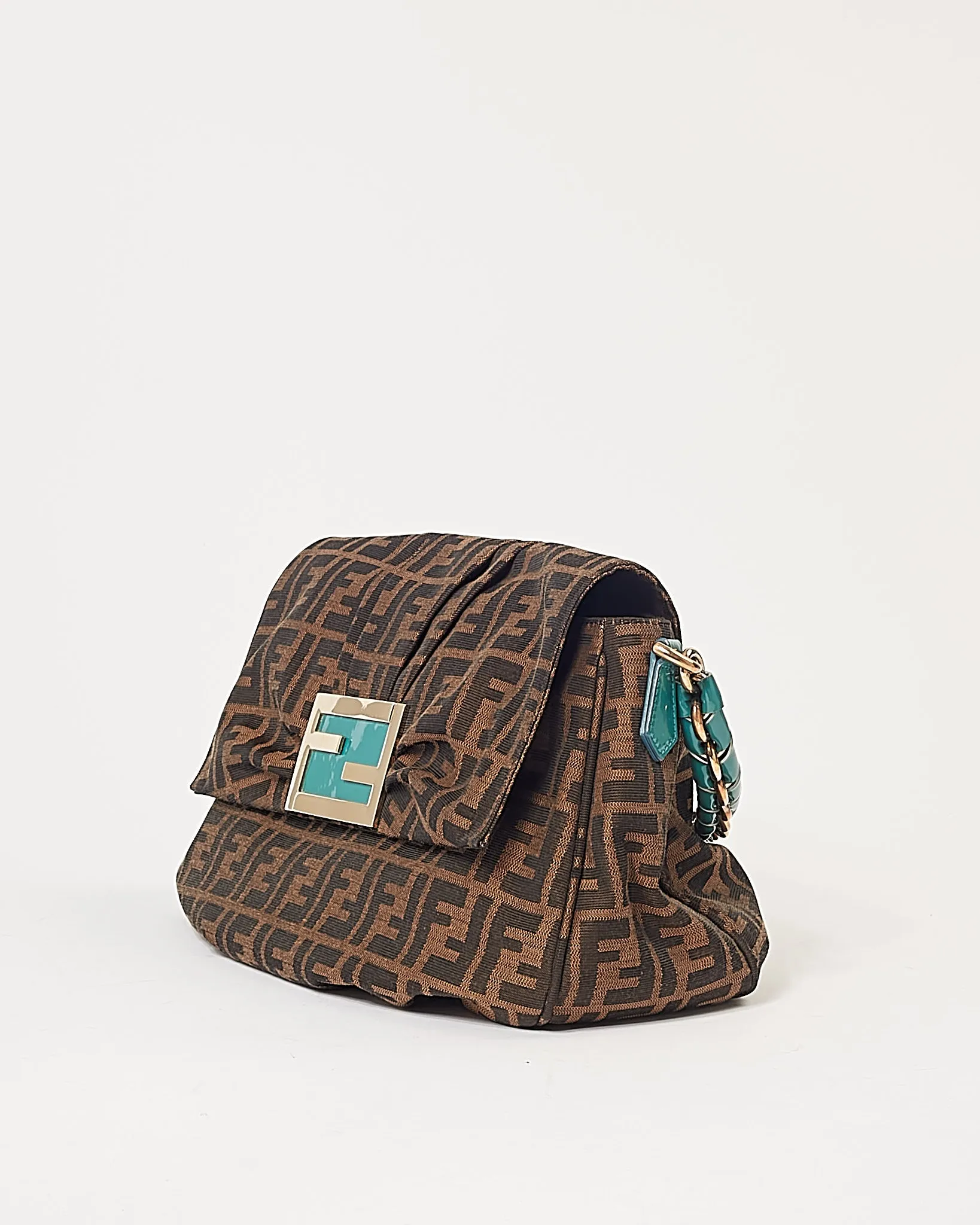 Fendi Zucca Canvas Turquoise Patent Leather Braided Mia Shoulder Bag