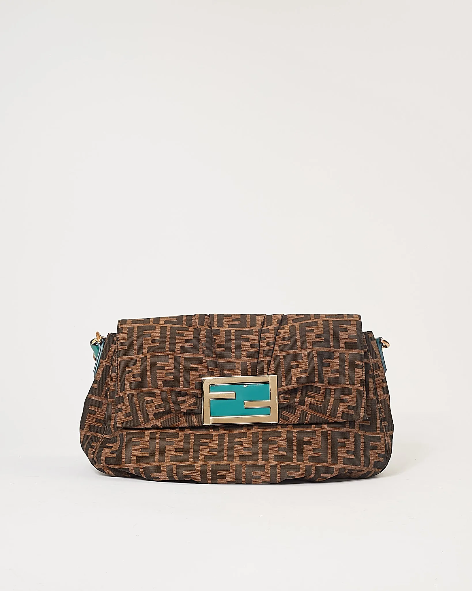 Fendi Zucca Canvas Turquoise Patent Leather Braided Mia Shoulder Bag