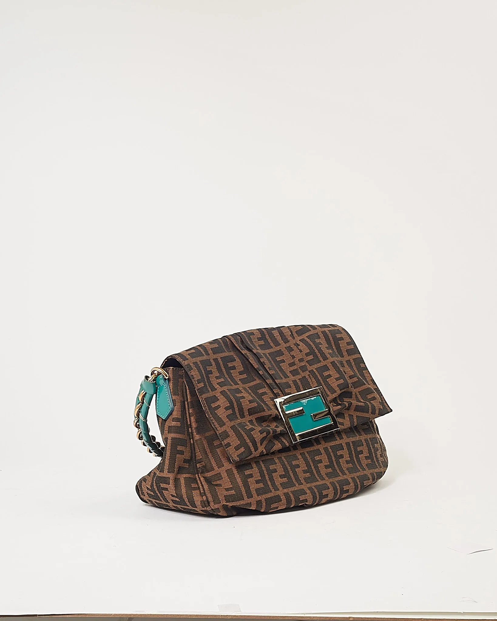 Fendi Zucca Canvas Turquoise Patent Leather Braided Mia Shoulder Bag