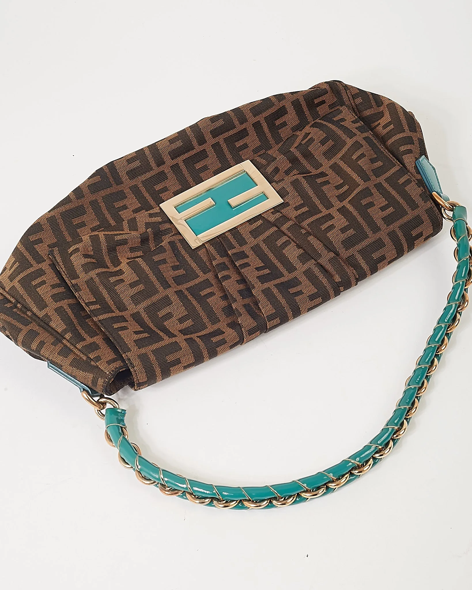 Fendi Zucca Canvas Turquoise Patent Leather Braided Mia Shoulder Bag