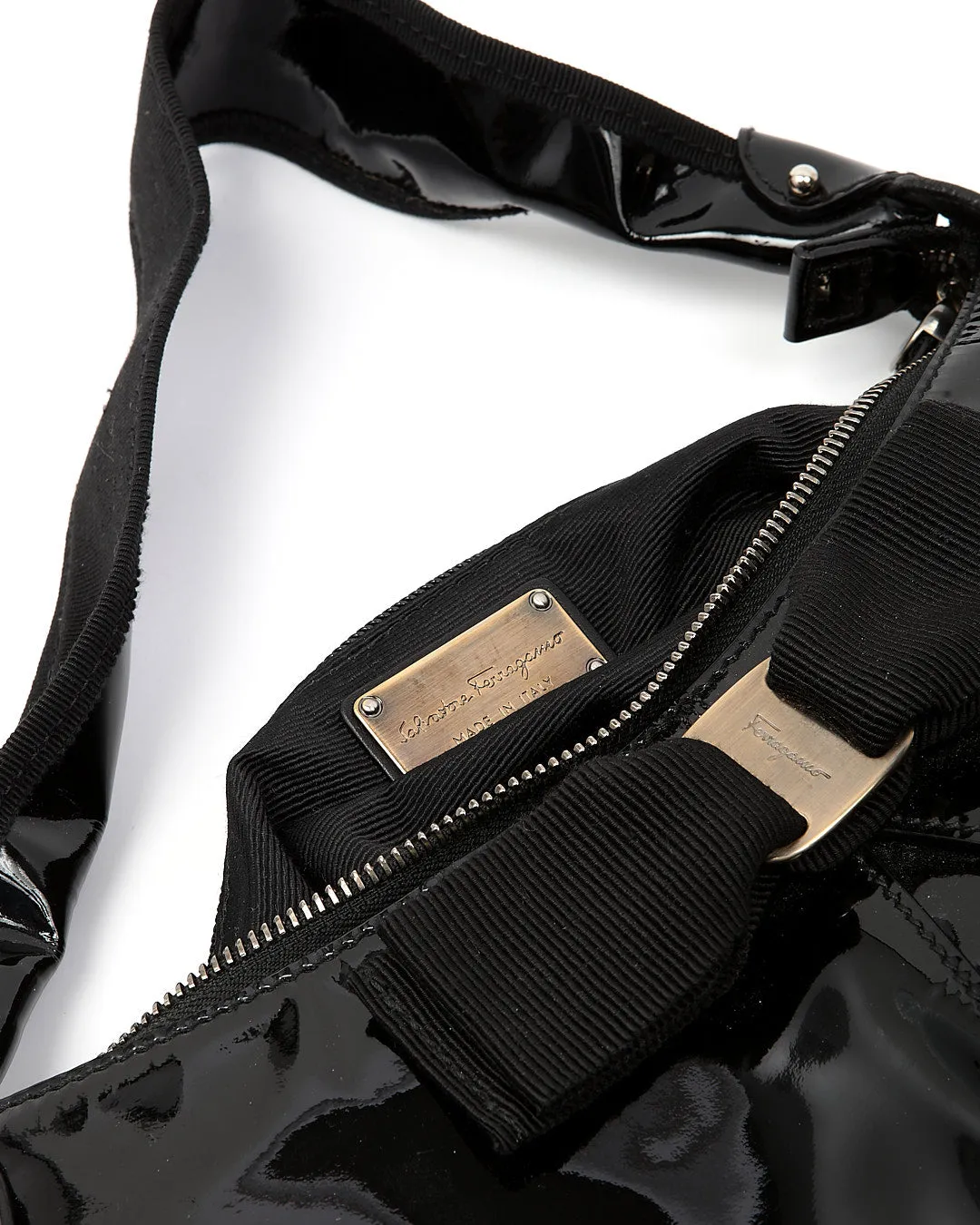 Ferragamo Black Patent Leather Bow Detail Shoulder Bag