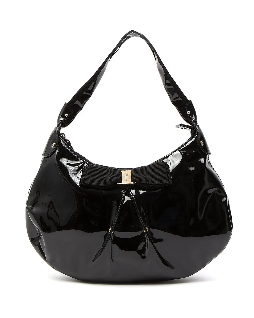 Ferragamo Black Patent Leather Bow Detail Shoulder Bag