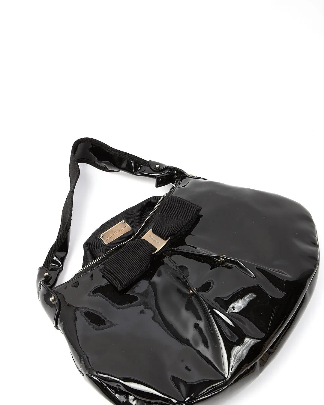 Ferragamo Black Patent Leather Bow Detail Shoulder Bag