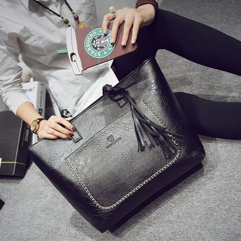 FH HERALD FASHION Leather Bag With Tassel Large Capacity