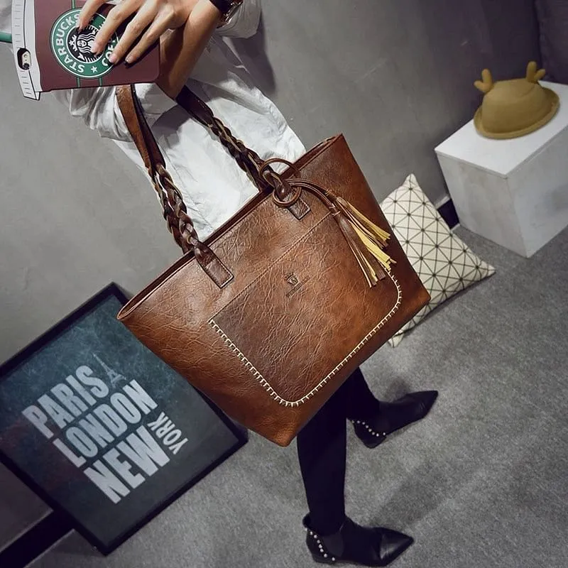 FH HERALD FASHION Leather Bag With Tassel Large Capacity