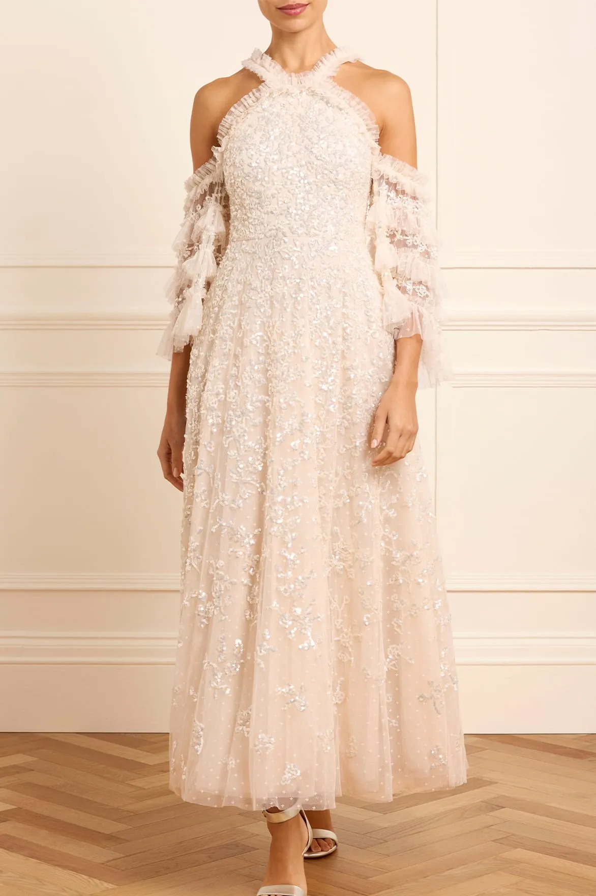 Floral Lace Off-Shoulder Ankle Gown