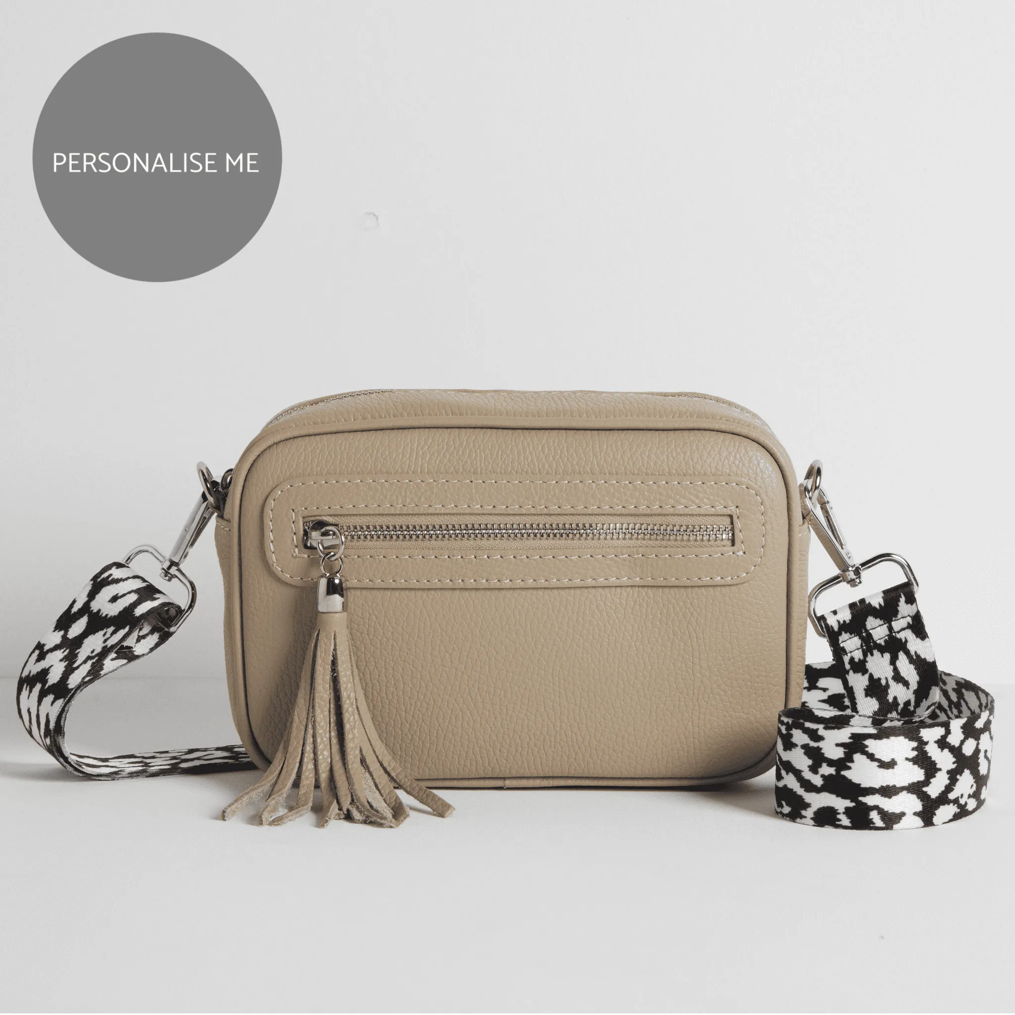 Florence Crossbody Bag in Beige with Black and White Leopard Print Strap