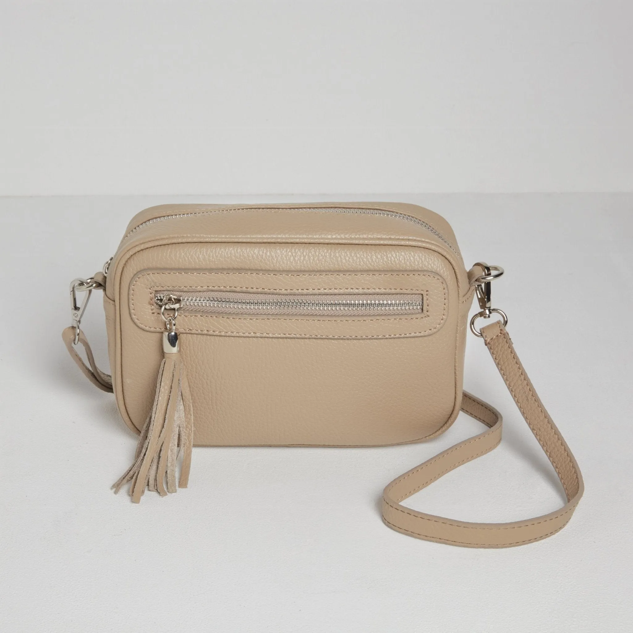 Florence Crossbody Bag in Beige with Black and White Leopard Print Strap