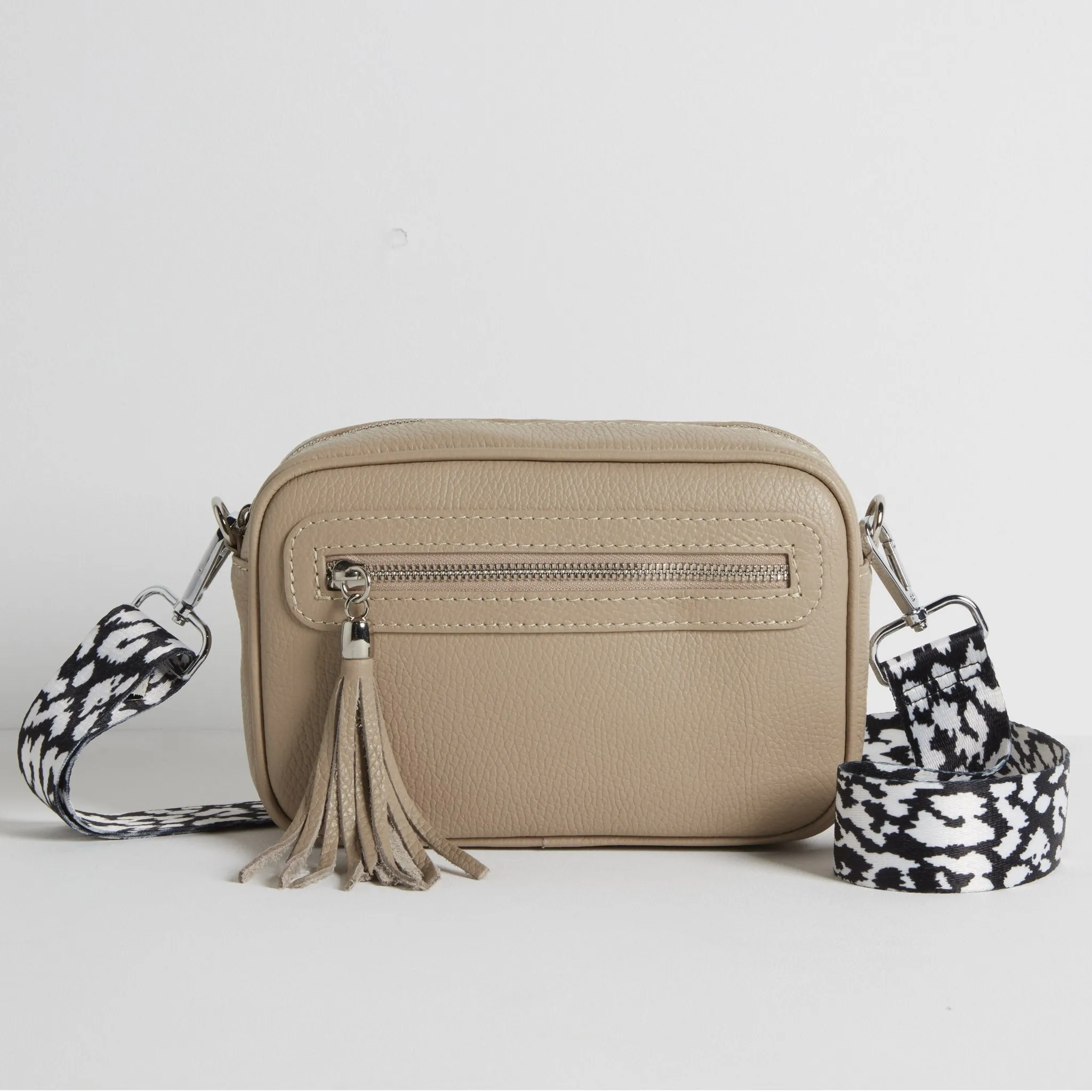Florence Crossbody Bag in Beige with Black and White Leopard Print Strap