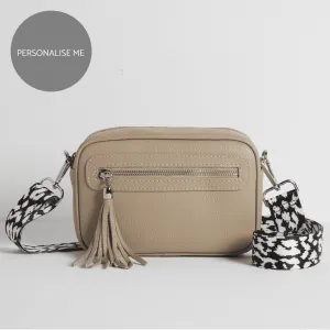 Florence Crossbody Bag in Beige with Black and White Leopard Print Strap