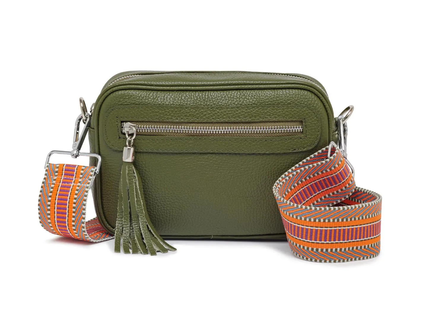 Florence - Crossbody Bag in Olive with Orange Aztec Strap