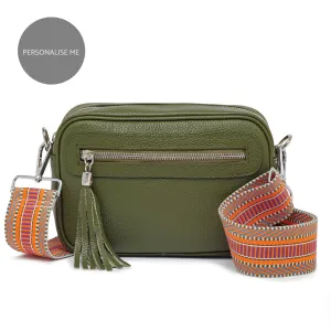 Florence - Crossbody Bag in Olive with Orange Aztec Strap