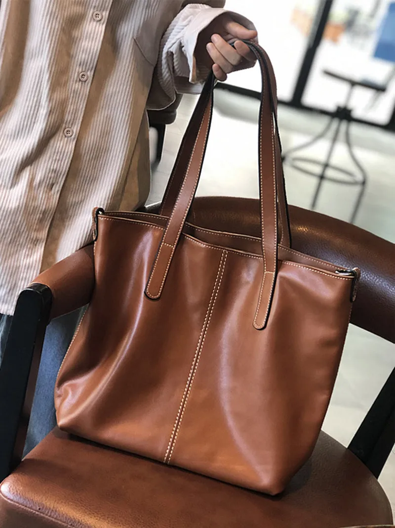 Full Grain Leather Tote Bag Women Leather Purse Leather Work Student Bag T21017
