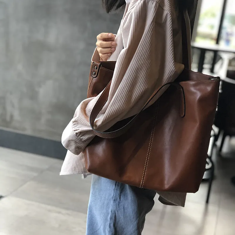 Full Grain Leather Tote Bag Women Leather Purse Leather Work Student Bag T21017
