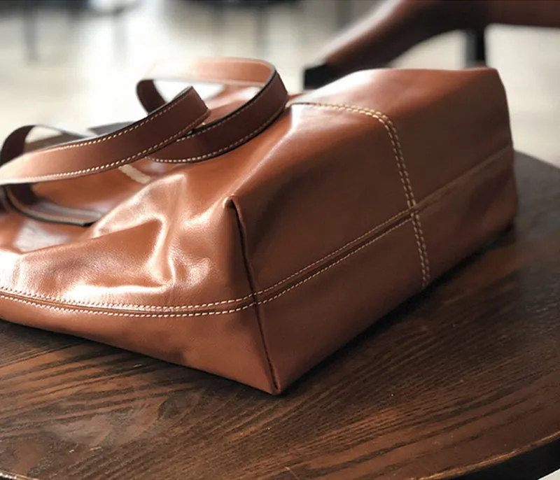 Full Grain Leather Tote Bag Women Leather Purse Leather Work Student Bag T21017