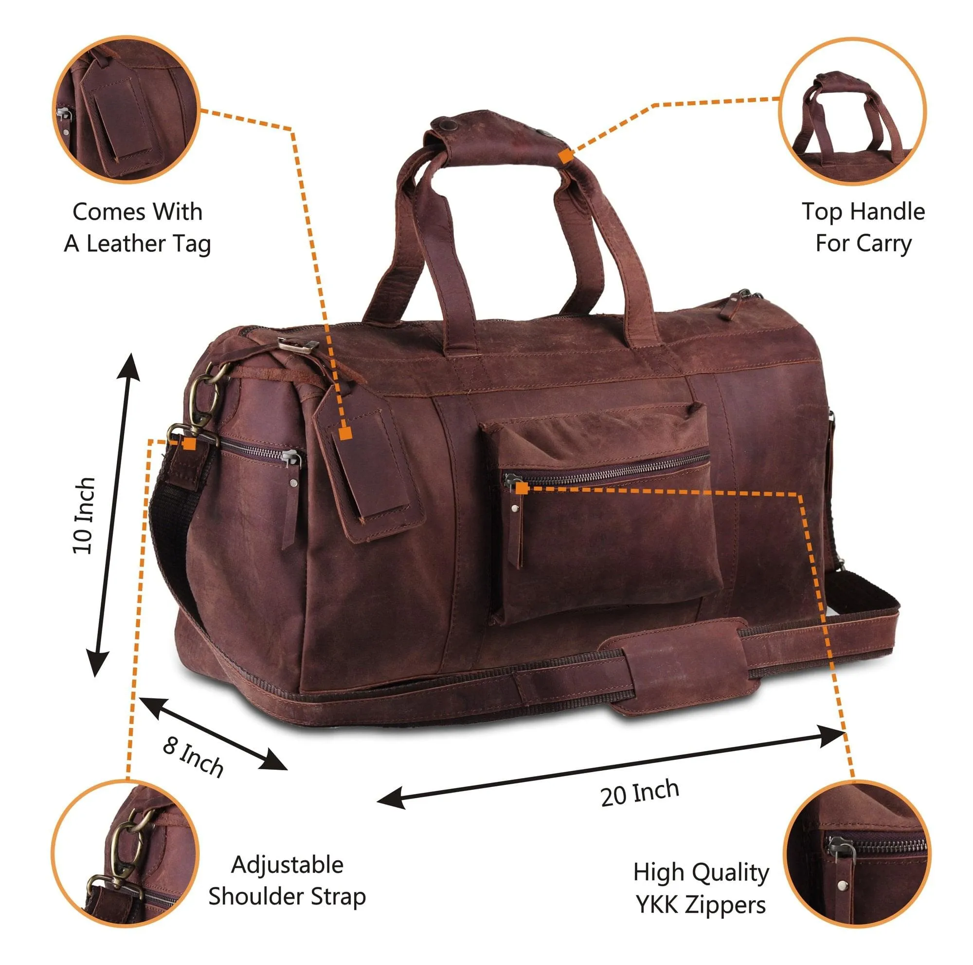 Genuine Leather Travel Weekender 20 Inch Brown Duffle Bag